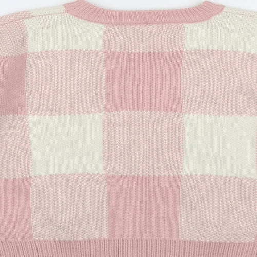 Zaful Womens Pink Round Neck Check Acrylic Pullover Jumper One Size