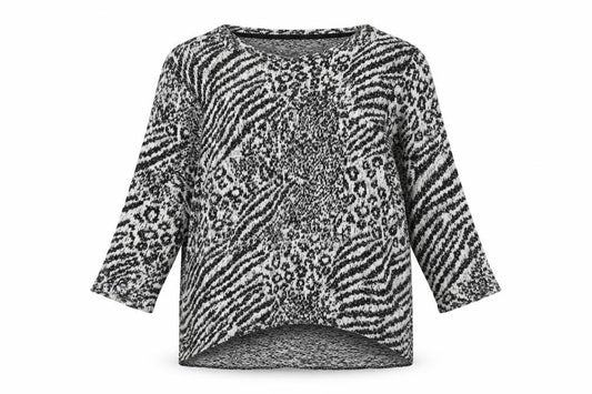 Front view of Next women’s black boat neck animal print cotton jumper, size UK 12, - leopard pattern