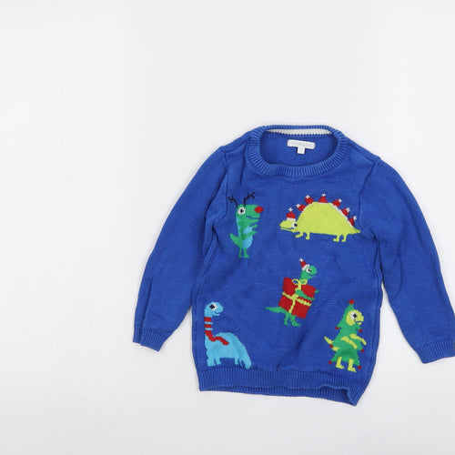 Blue Zoo Boys Blue Round Neck Cotton Pullover Jumper Size 2-3 Years Pullover - Dinosaur Christmas