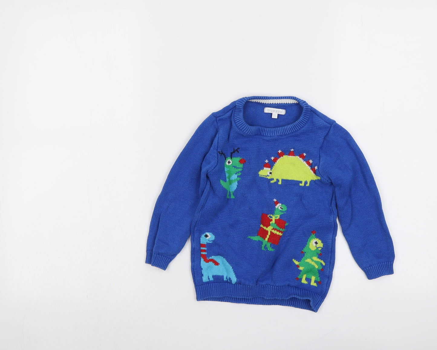 Blue Zoo Boys Blue Round Neck Cotton Pullover Jumper Size 2-3 Years Pullover - Dinosaur Christmas
