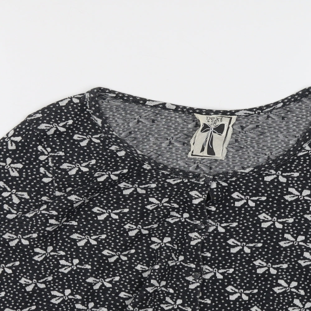 NEXT Womens Grey Round Neck Geometric Cotton Cardigan Jumper Size 18 - Bow Print