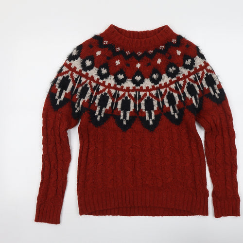Fat Face Womens Red Round Neck Geometric Wool Pullover Jumper Size 8