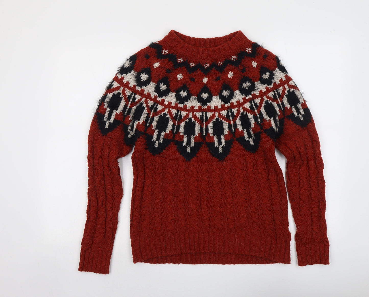Fat Face Womens Red Round Neck Geometric Wool Pullover Jumper Size 8