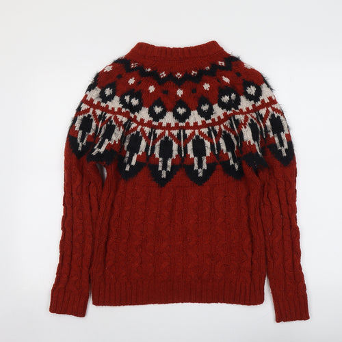 Fat Face Womens Red Round Neck Geometric Wool Pullover Jumper Size 8
