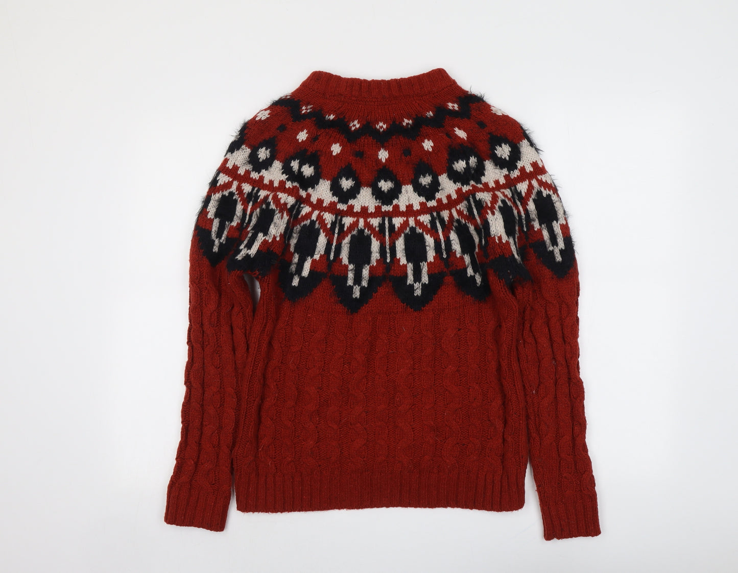 Fat Face Womens Red Round Neck Geometric Wool Pullover Jumper Size 8