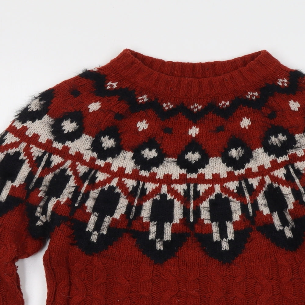 Fat Face Womens Red Round Neck Geometric Wool Pullover Jumper Size 8