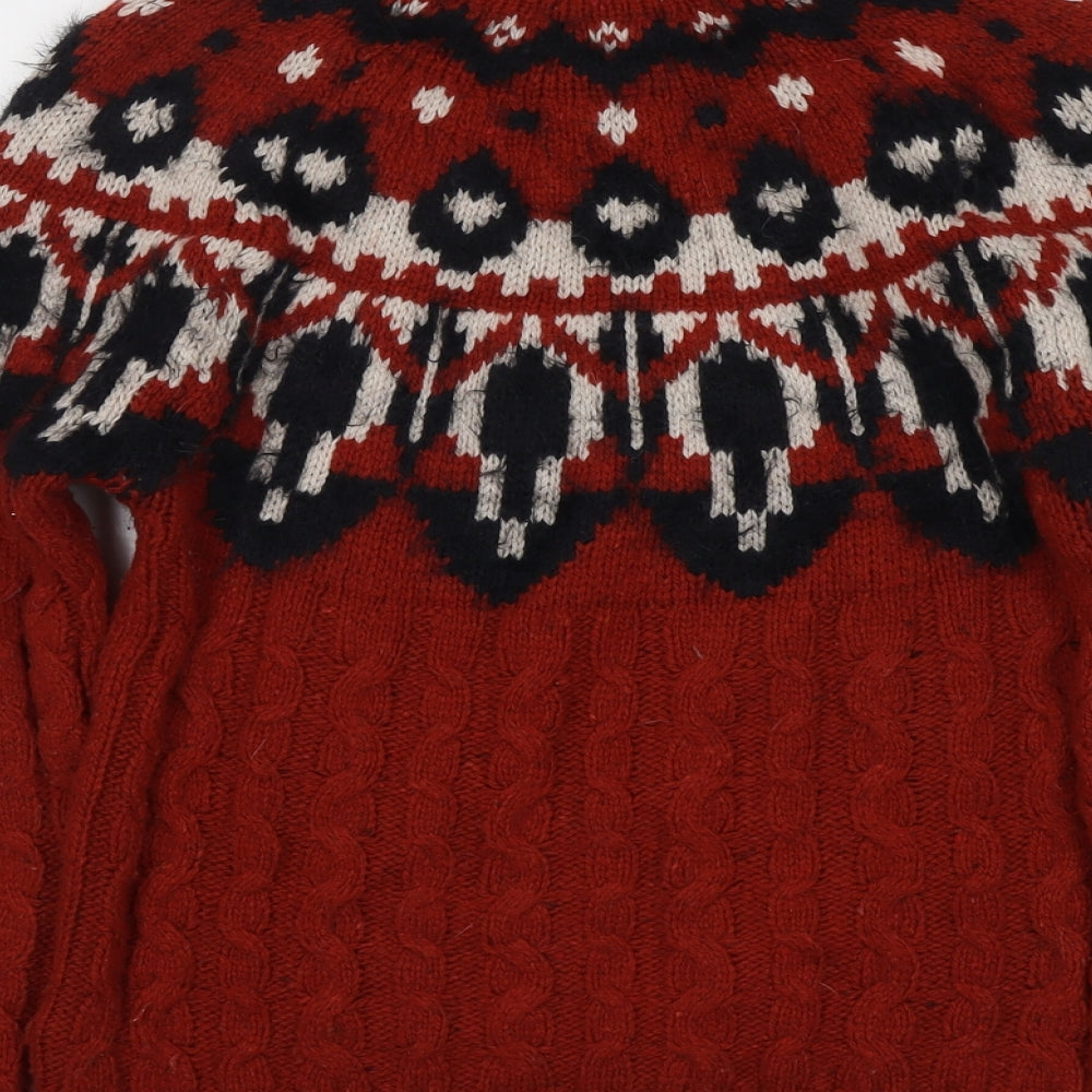 Fat Face Womens Red Round Neck Geometric Wool Pullover Jumper Size 8