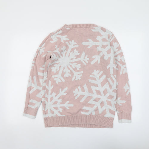 NEXT Womens Pink Round Neck Geometric Cotton Pullover Jumper Size 14 - Snowflake Christmas