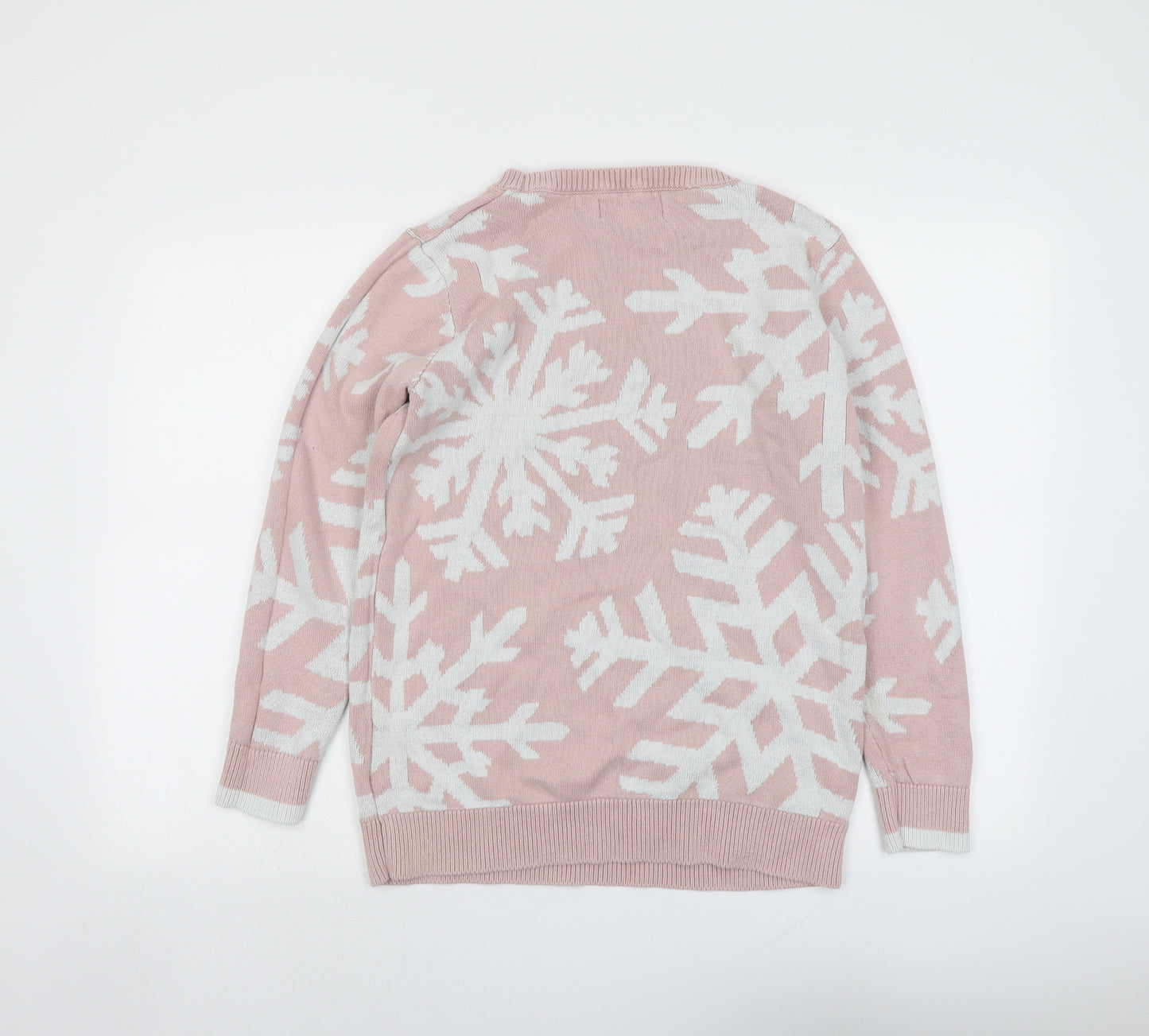 NEXT Womens Pink Round Neck Geometric Cotton Pullover Jumper Size 14 - Snowflake Christmas