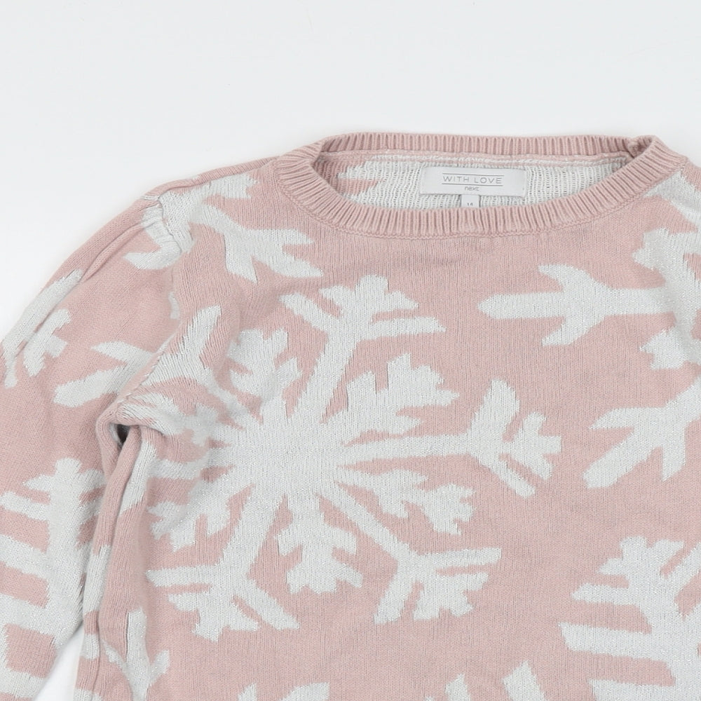 NEXT Womens Pink Round Neck Geometric Cotton Pullover Jumper Size 14 - Snowflake Christmas