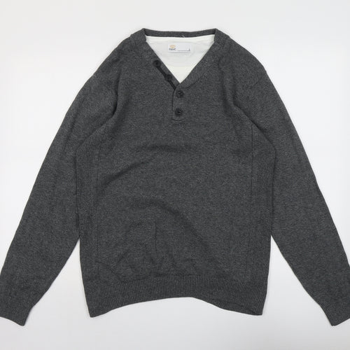NEXT Mens Grey V-Neck Cotton Pullover Jumper Size L Long Sleeve