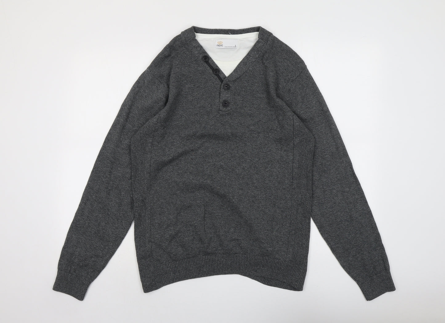 NEXT Mens Grey V-Neck Cotton Pullover Jumper Size L Long Sleeve