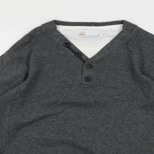 NEXT Mens Grey V-Neck Cotton Pullover Jumper Size L Long Sleeve