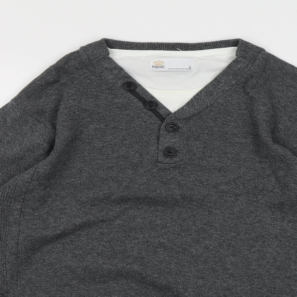 NEXT Mens Grey V-Neck Cotton Pullover Jumper Size L Long Sleeve