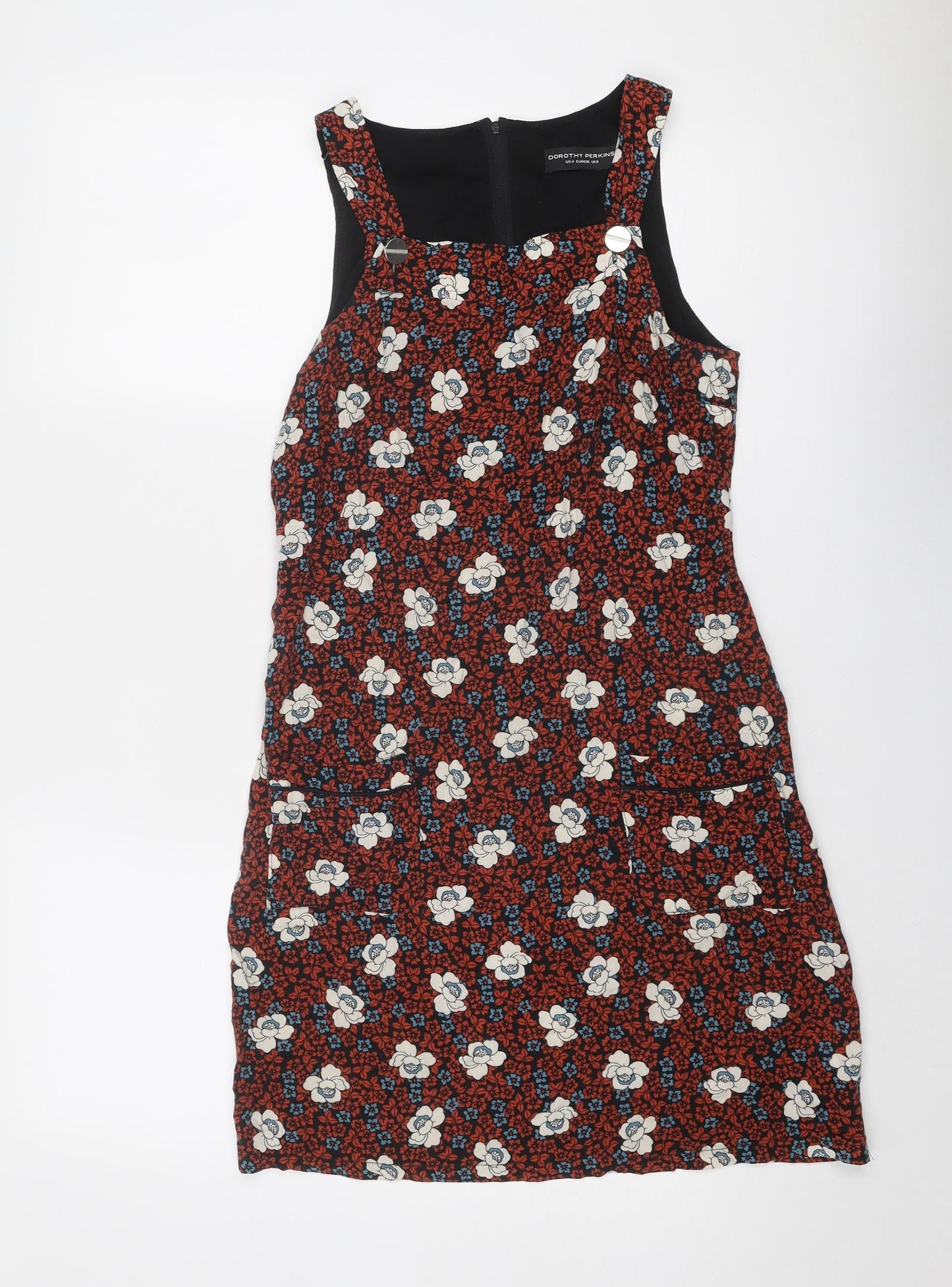 Dorothy Perkins Womens Multicoloured Floral Viscose Pinafore/Dungaree Dress Size 8 Square Neck Zip