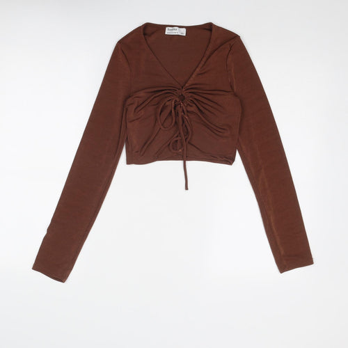 Bershka Womens Brown Paisley Polyester Cropped Blouse Size M V-Neck - Ring Detail
