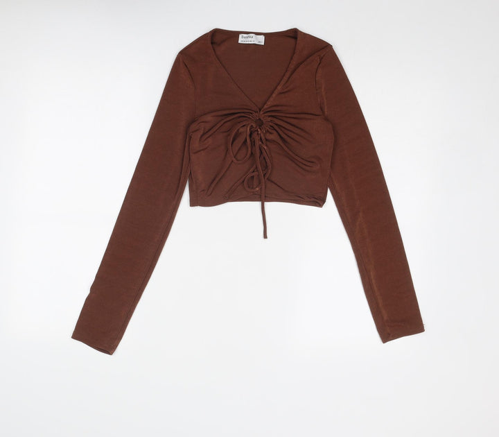 Bershka Womens Brown Paisley Polyester Cropped Blouse Size M V-Neck - Ring Detail
