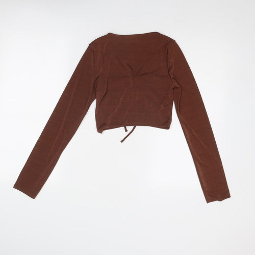 Bershka Womens Brown Paisley Polyester Cropped Blouse Size M V-Neck - Ring Detail