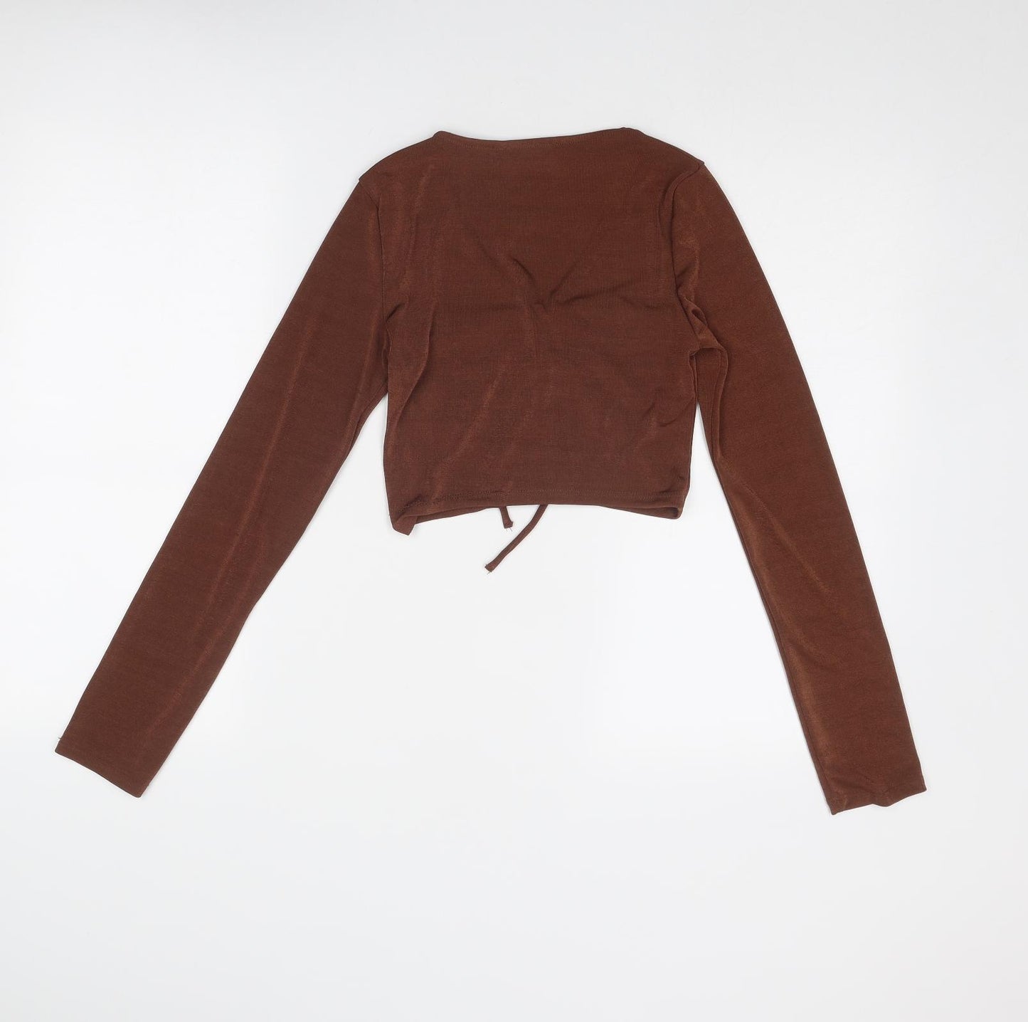 Bershka Womens Brown Paisley Polyester Cropped Blouse Size M V-Neck - Ring Detail
