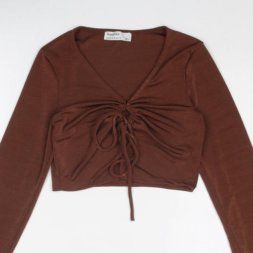 Bershka Womens Brown Paisley Polyester Cropped Blouse Size M V-Neck - Ring Detail