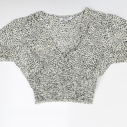 Dorothy Perkins Womens Ivory Animal Print Polyester Cropped Blouse Size 8 V-Neck - Spotted