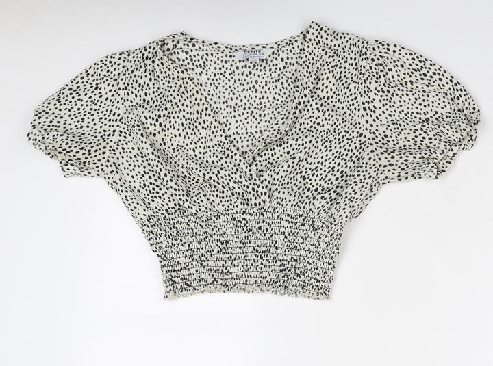 Dorothy Perkins Womens Ivory Animal Print Polyester Cropped Blouse Size 8 V-Neck - Spotted