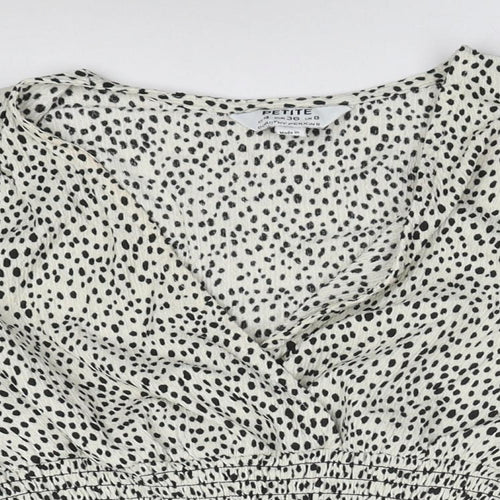 Dorothy Perkins Womens Ivory Animal Print Polyester Cropped Blouse Size 8 V-Neck - Spotted