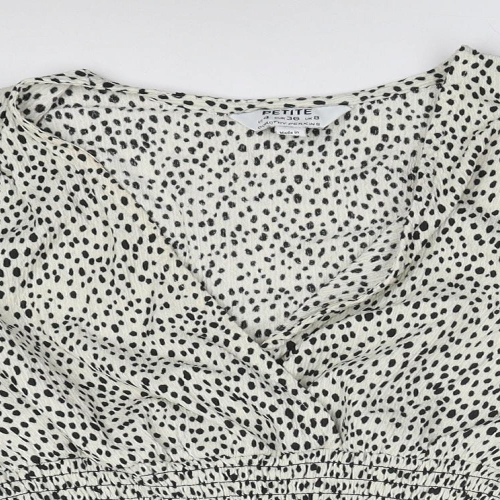 Dorothy Perkins Womens Ivory Animal Print Polyester Cropped Blouse Size 8 V-Neck - Spotted