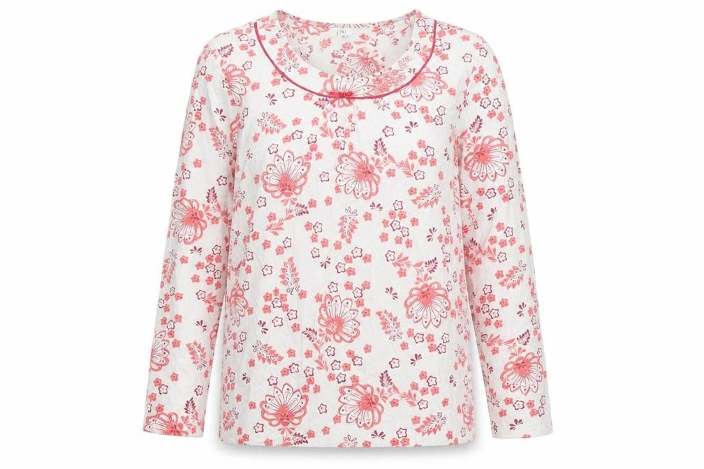 Front view of Damart women’s white floral cotton basic blouse, size S, round neck