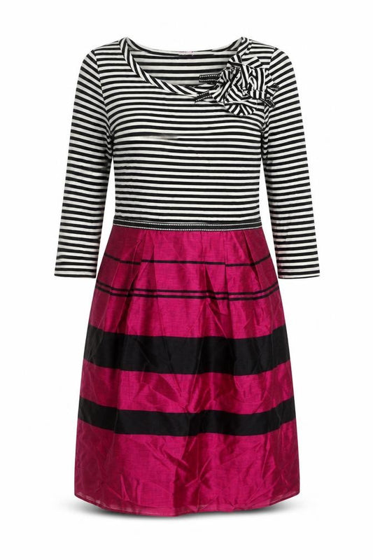 Front view of Per Una women’s multicoloured striped viscose a-line, size UK 14, round neck zip