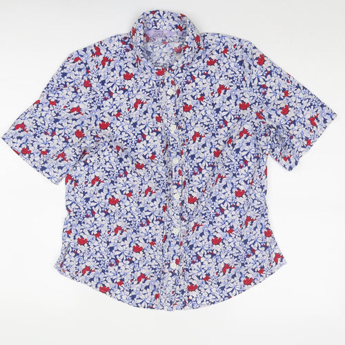 EWM Womens Blue Geometric Polyester Basic Button-Up Size 12 Collared