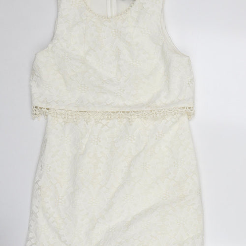 Topshop Womens Ivory Polyester Mini Size 12 Round Neck Zip - Crocheted Lace Detail