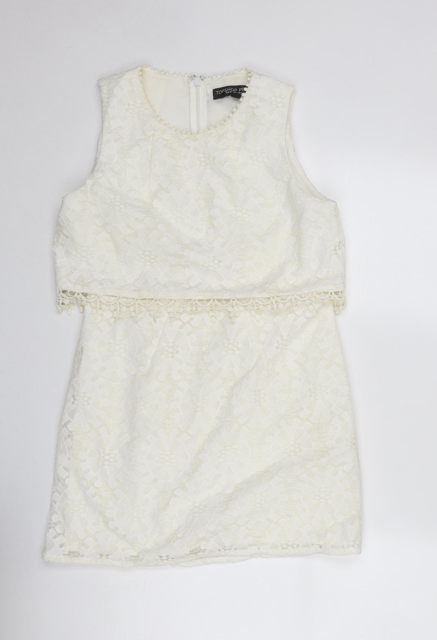 Topshop Womens Ivory Polyester Mini Size 12 Round Neck Zip - Crocheted Lace Detail
