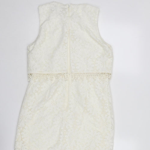 Topshop Womens Ivory Polyester Mini Size 12 Round Neck Zip - Crocheted Lace Detail