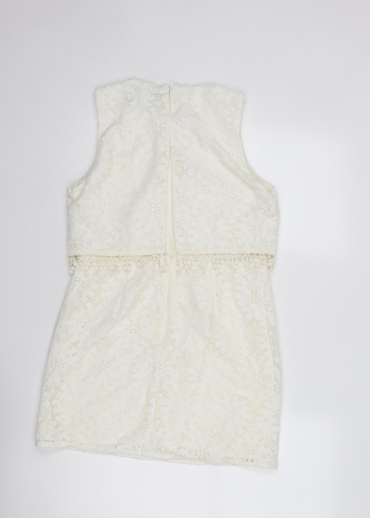 Topshop Womens Ivory Polyester Mini Size 12 Round Neck Zip - Crocheted Lace Detail