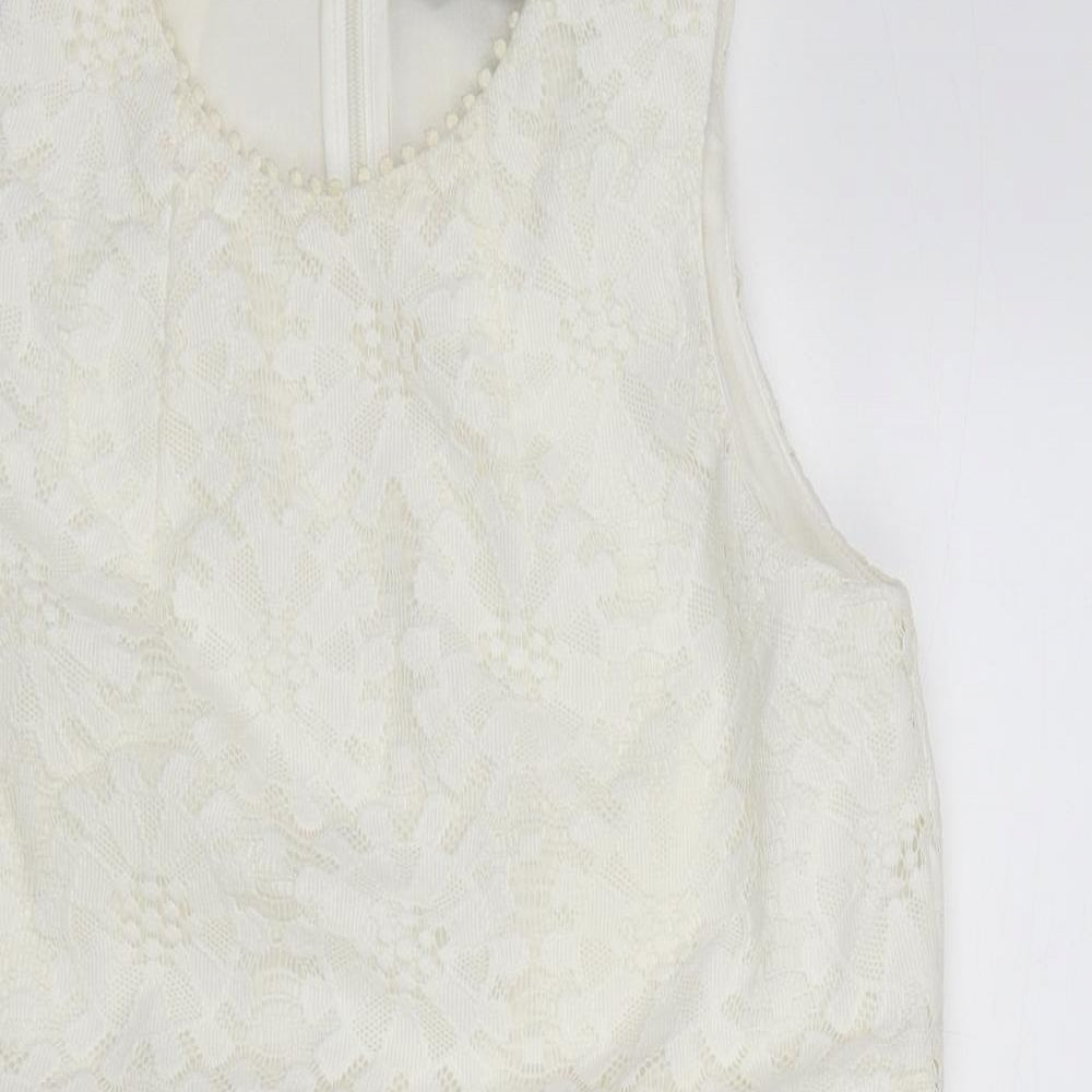 Topshop Womens Ivory Polyester Mini Size 12 Round Neck Zip - Crocheted Lace Detail