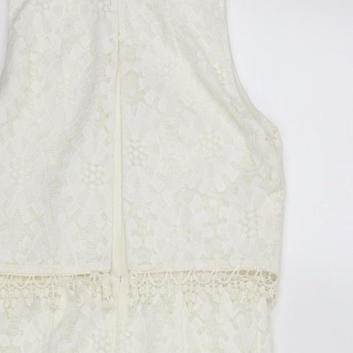 Topshop Womens Ivory Polyester Mini Size 12 Round Neck Zip - Crocheted Lace Detail