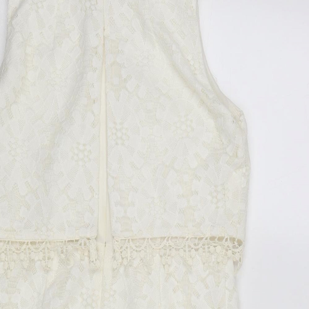 Topshop Womens Ivory Polyester Mini Size 12 Round Neck Zip - Crocheted Lace Detail