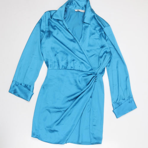 Zara Womens Blue Polyester Mini Size L Collared Button