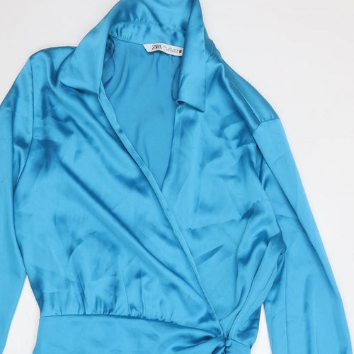 Zara Womens Blue Polyester Mini Size L Collared Button