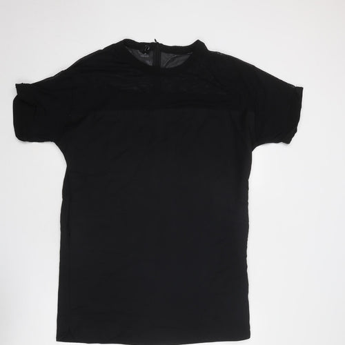 Mango Womens Black Cotton T-Shirt Dress Size L Round Neck Zip - Mesh Detail