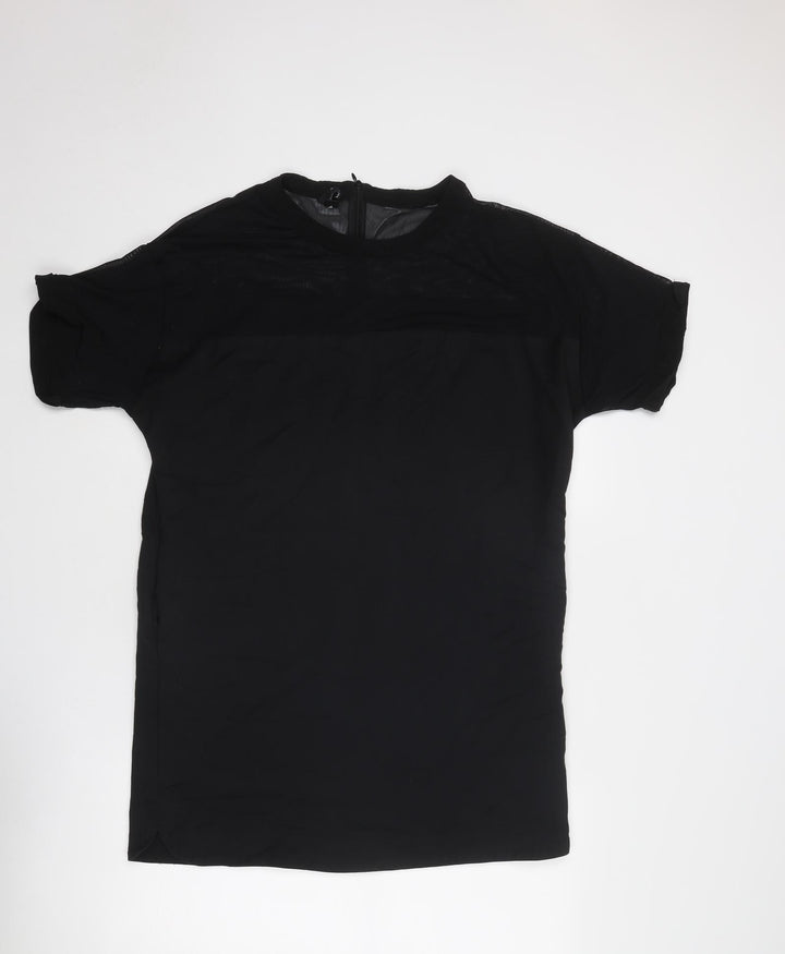 Mango Womens Black Cotton T-Shirt Dress Size L Round Neck Zip - Mesh Detail
