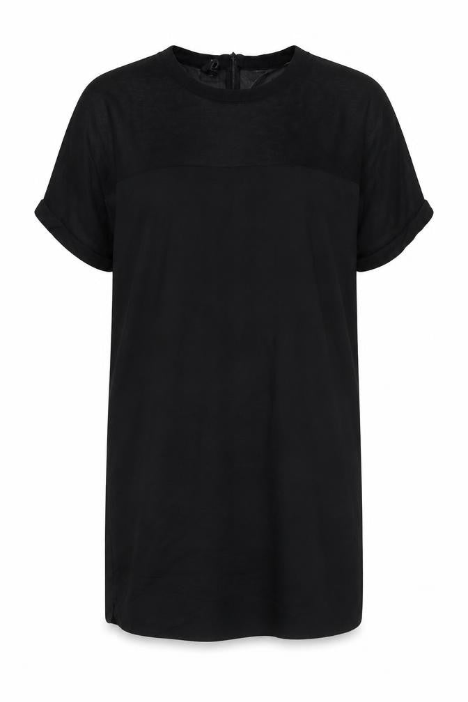 Mango Womens Black Cotton T-Shirt Dress Size L Round Neck Zip - Mesh Detail