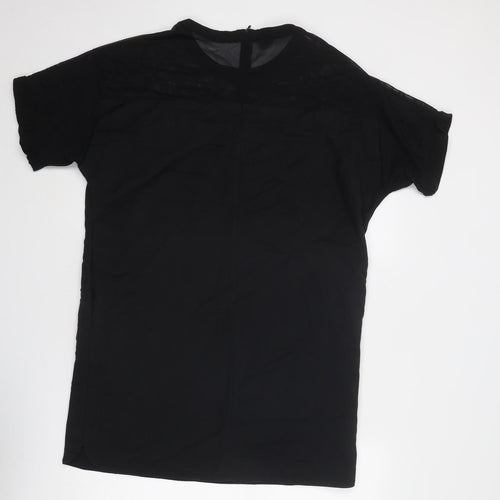 Mango Womens Black Cotton T-Shirt Dress Size L Round Neck Zip - Mesh Detail