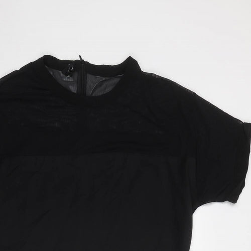 Mango Womens Black Cotton T-Shirt Dress Size L Round Neck Zip - Mesh Detail