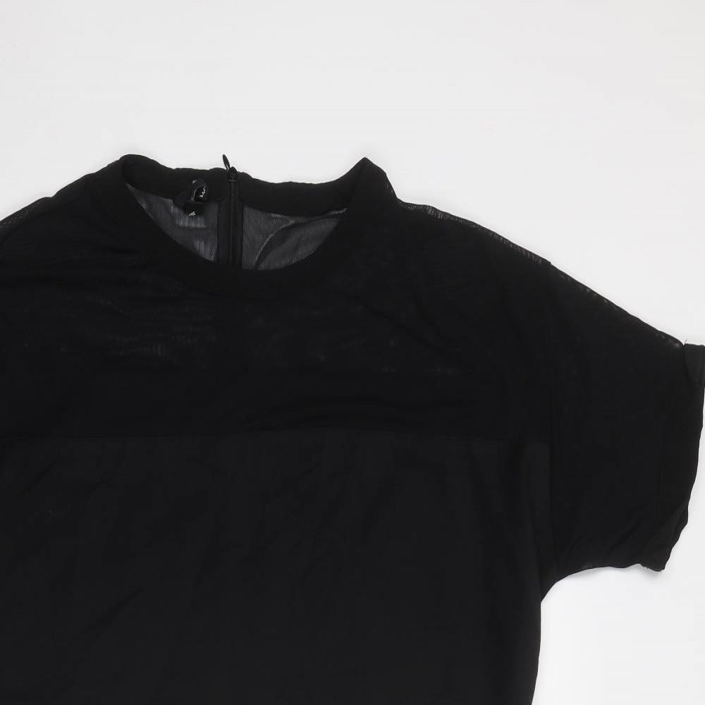Mango Womens Black Cotton T-Shirt Dress Size L Round Neck Zip - Mesh Detail