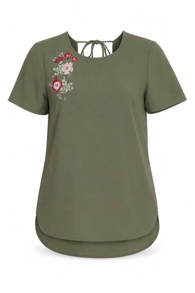 Front view of New Look women’s green polyester basic blouse, size UK 6, round neck - floral detail
