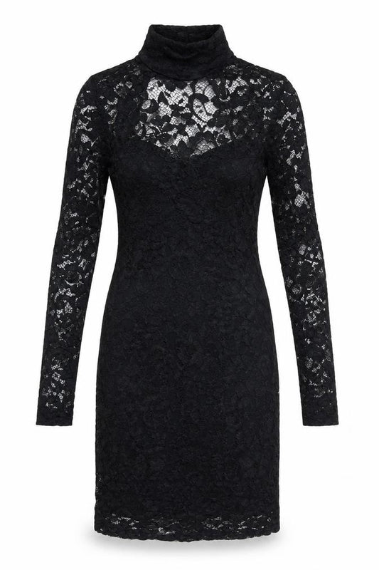 Front view of ASOS women’s black nylon bodycon, size UK 6, high neck button