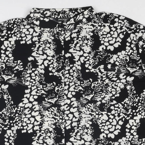 Monki Womens Black Animal Print Polyester Basic Button-Up Size XS Collared