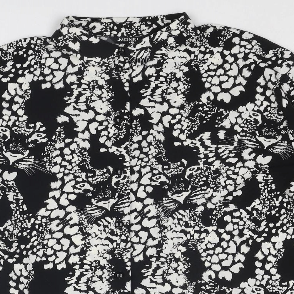 Monki Womens Black Animal Print Polyester Basic Button-Up Size XS Collared